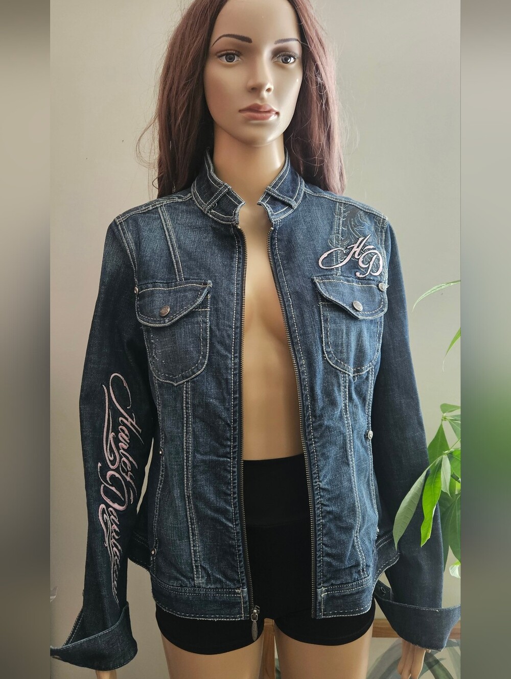 Harley Davidson Denim Jean Jacket Embroidered Pink Script Zip Up Rare Dark Wash